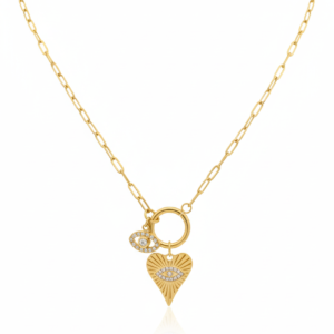 premium gold finish |gold plated paperclip chain necklace with heart & evil eye charms for women