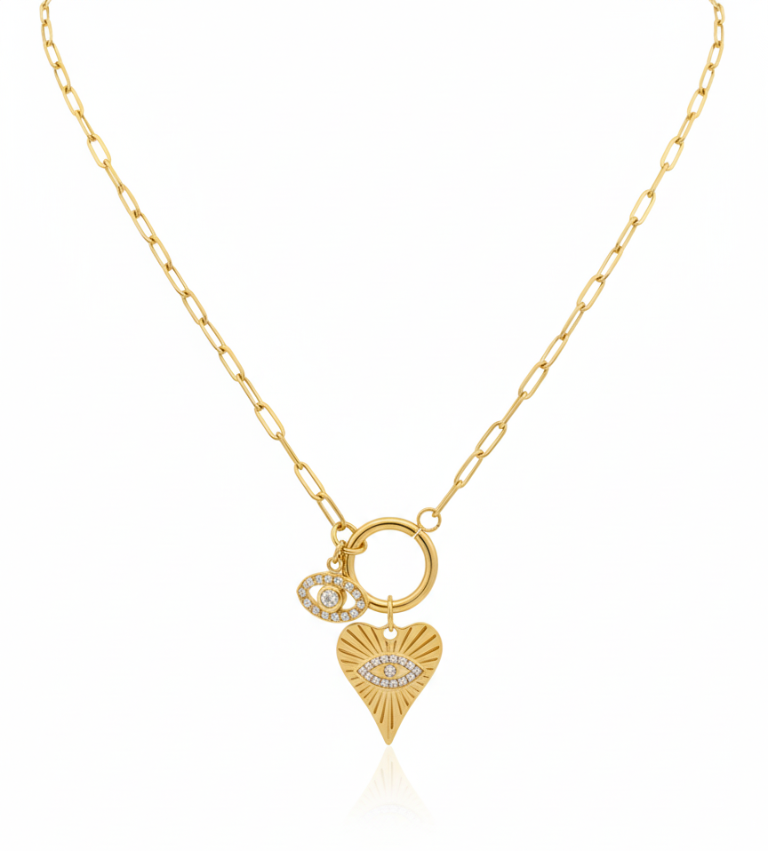premium gold finish |gold plated paperclip chain necklace with heart & evil eye charms for women