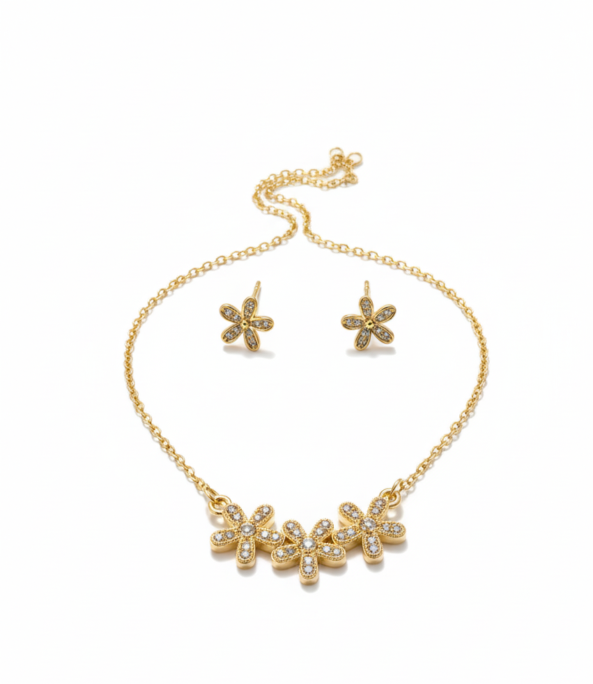 premium gold finish |gold plated floral crystal pendant necklace set with matching flower stud earrings for women