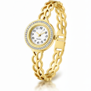 gold crystal bracelet watch with cutwork strap for women