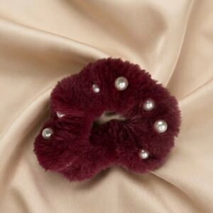 maroon fur pearl hair scrunchie | soft fluffy hair tie