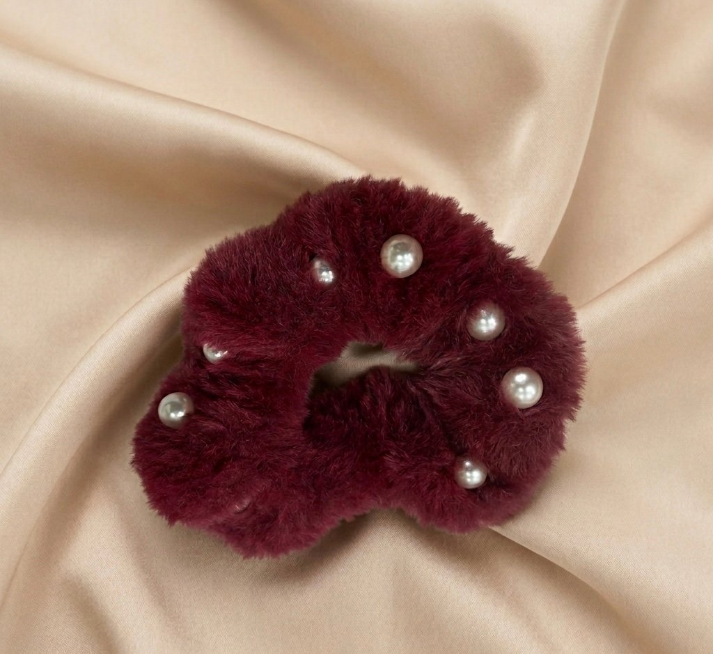 maroon fur pearl hair scrunchie | soft fluffy hair tie maroon fur pearl hair scrunchie | soft fluffy hair tie