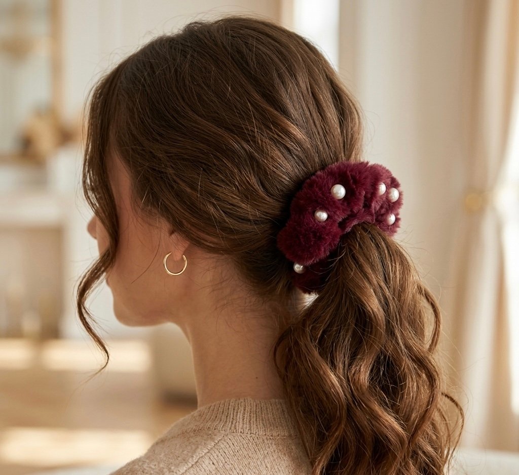 maroon fur pearl hair scrunchie | soft fluffy hair tie maroon fur pearl hair scrunchie | soft fluffy hair tie