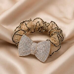 gold rhinestone bow hair rubber band | elegant crystal hair tie for women & girls