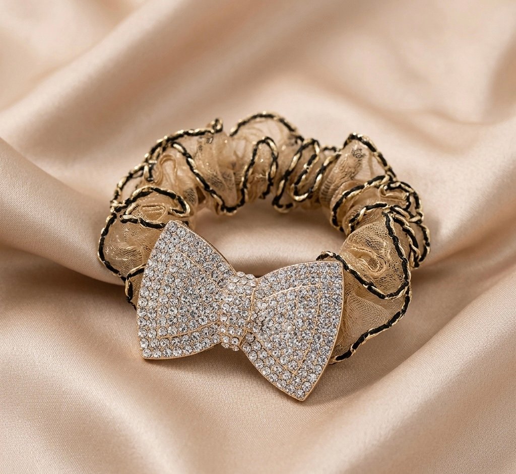 gold rhinestone bow hair rubber band | elegant crystal hair tie for women & girls gold rhinestone bow hair rubber band | elegant crystal hair tie for women & girls