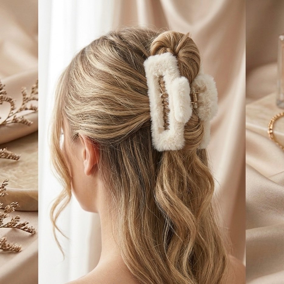 soft faux fur hair claw clip | fluffy hair clutch white soft faux fur hair claw clip | fluffy hair clutch white
