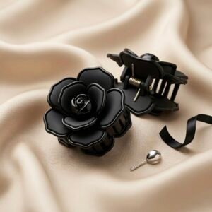 elegant black floral hair clutch | glossy rose design hair clip