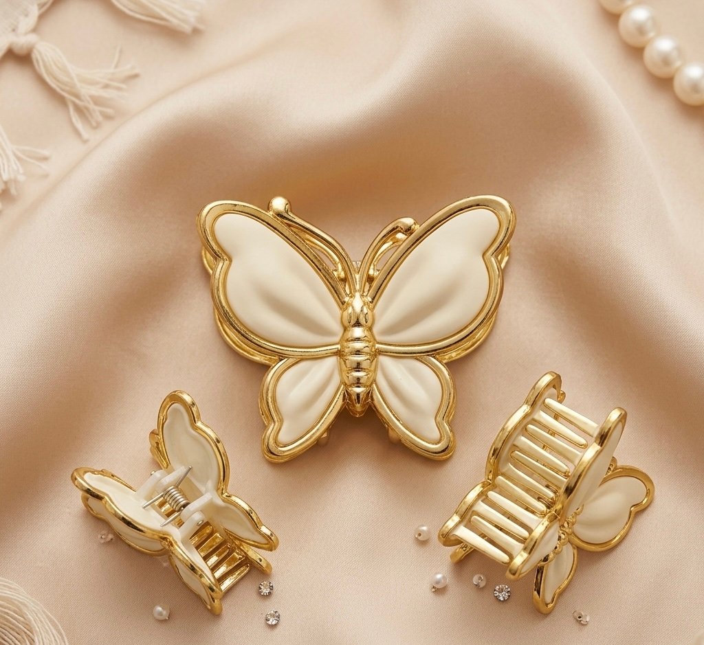 elegant butterfly hair clutcher | white & gold luxury hair clip elegant butterfly hair clutcher | white & gold luxury hair clip