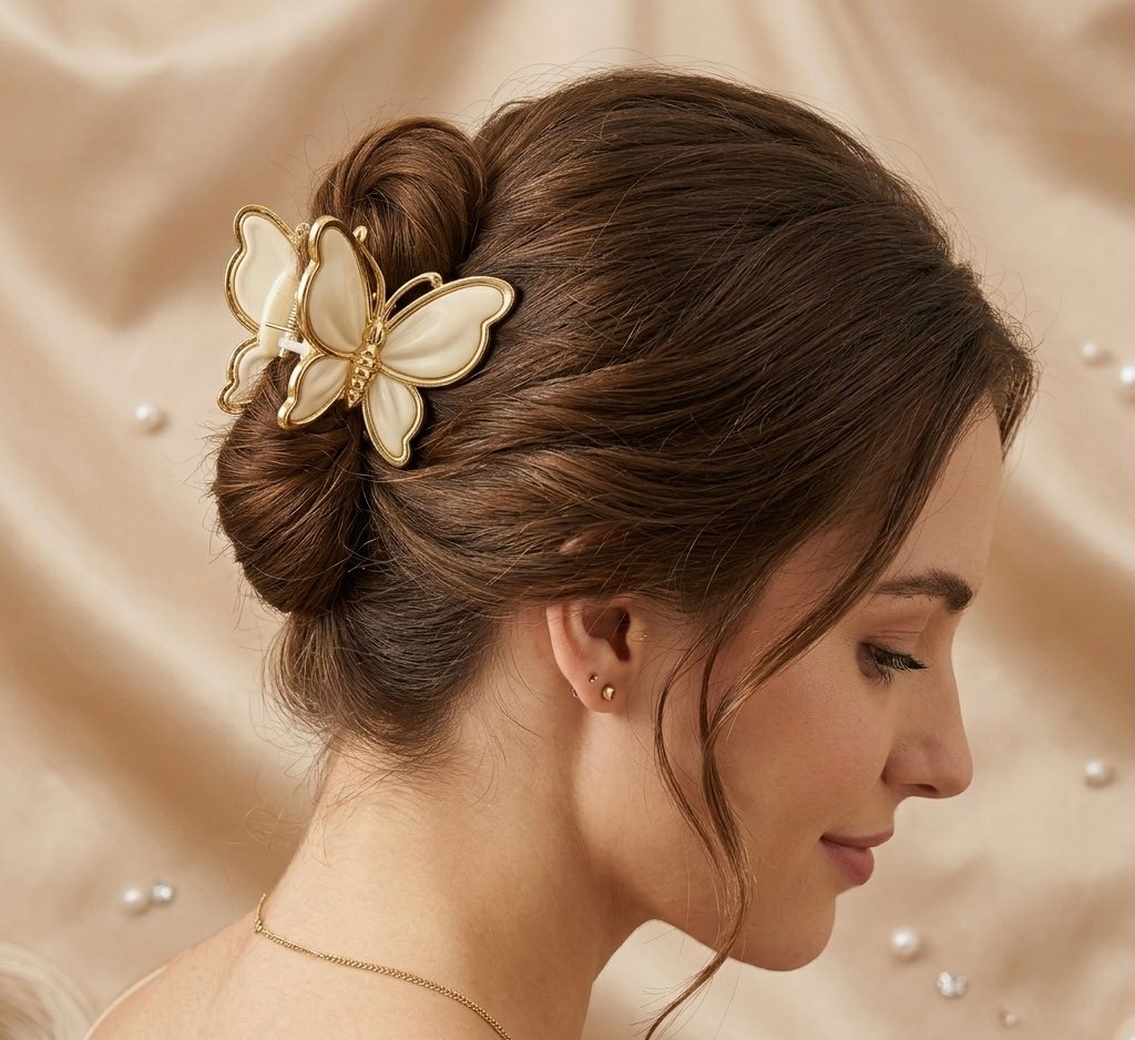 elegant butterfly hair clutcher | white & gold luxury hair clip elegant butterfly hair clutcher | white & gold luxury hair clip